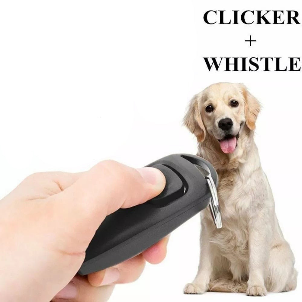 Hand holding a 2-in-1 pet training clicker and whistle with a golden retriever in the background.